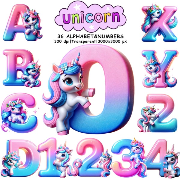 3D Unicorn alphabet, Unicorn letter, Unicorn PNG, Unicorn Nursery, Nursery Decor, Unicorn Wall Art, Unicorn gift, Alphabet Clipart