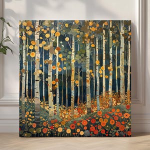 Klimt-Style Birch Tree Forest Canvas Art Print: Autumn Botanical Decor