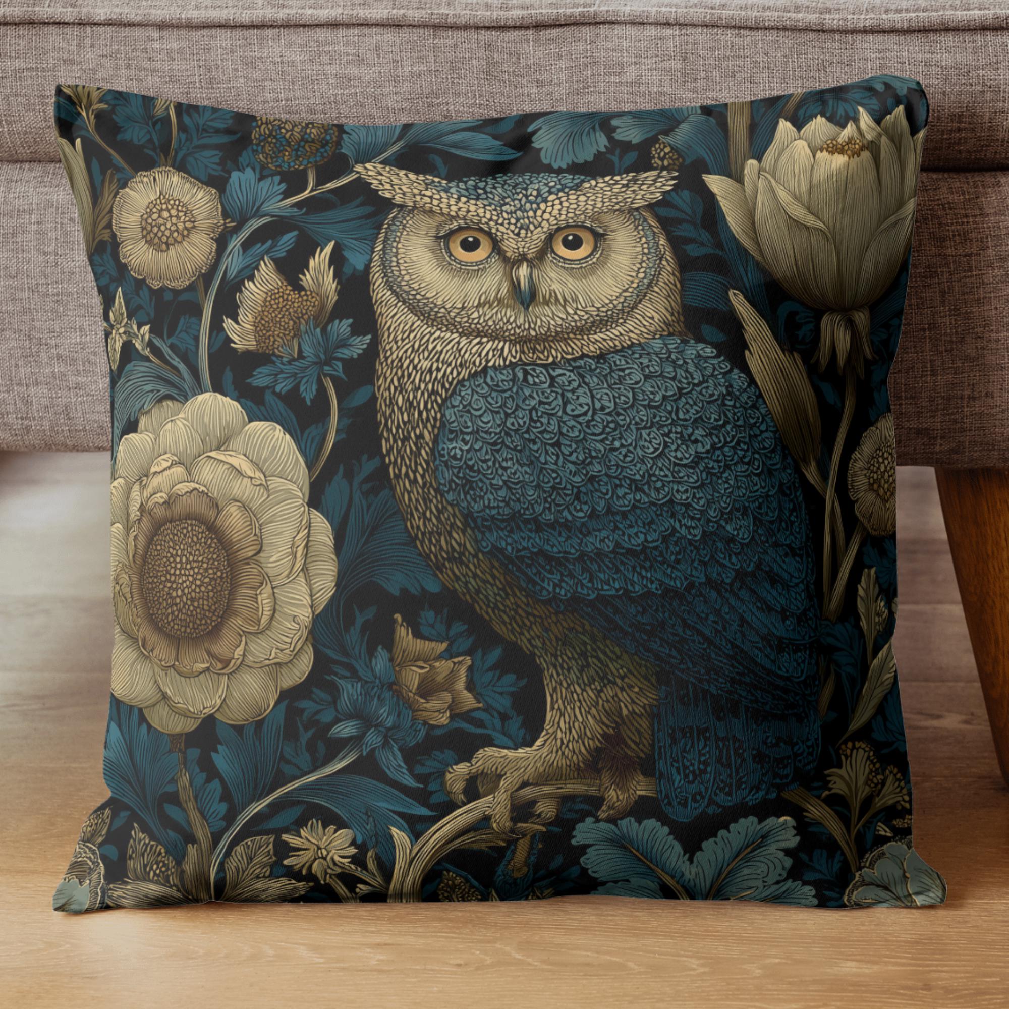 William Morris Owl Pillow: Vintage Floral Cottagecore Cushion