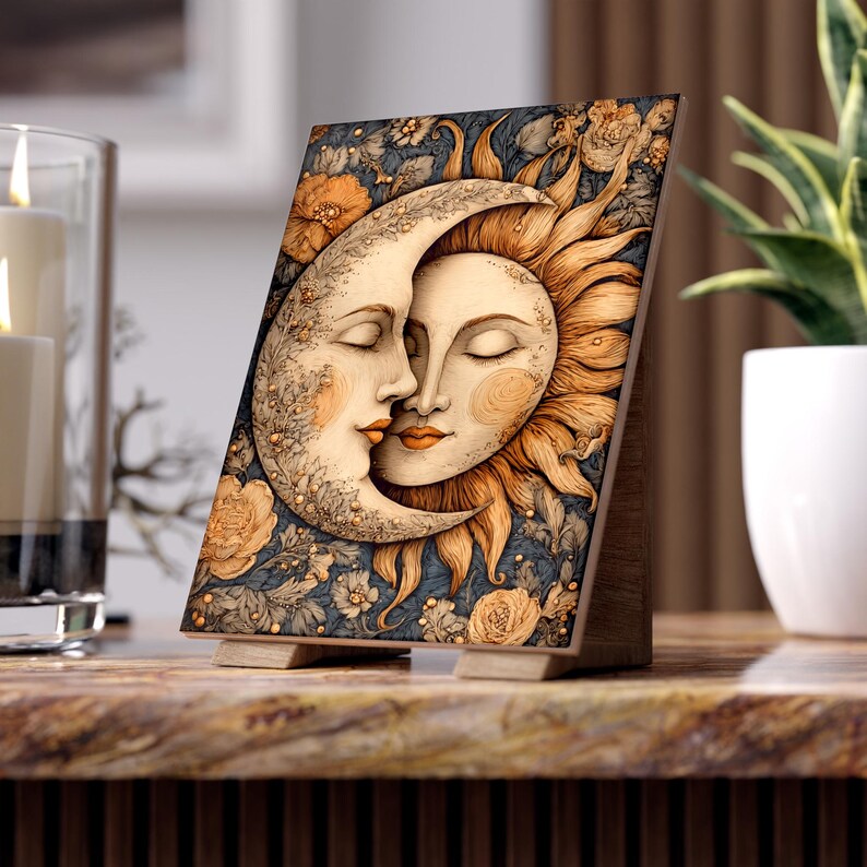 May include: A wooden decorative plaque featuring a celestial design of the sun and moon embracing. The artwork has a vintage style with floral accents in shades of orange and cream against a dark blue background. The plaque is supported by a wooden stand.