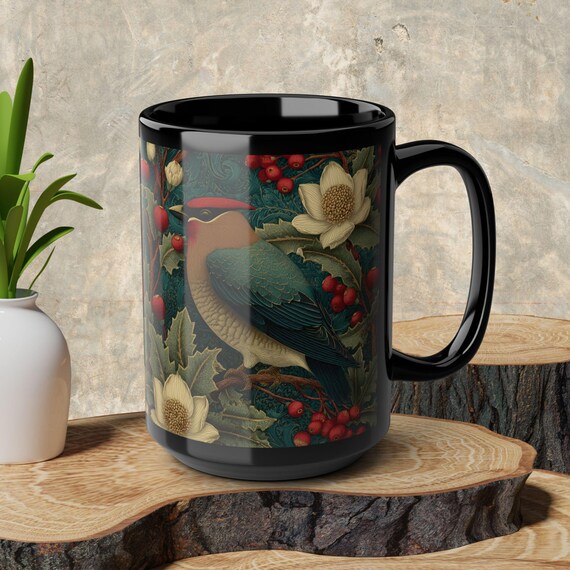 Vintage Waxwing Bird Floral Mug, Nature Lover Gift