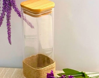 Glass Jar with Airtight Bamboo Lid,Rectangular Cube, Spices glass jar ,Glass Canister Tea Coffee Beans,Sugar Candy Nuts Spices jars