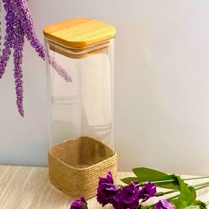 Glass Jar with Airtight Bamboo Lid,Rectangular Cube, Spices glass jar ,Glass Canister Tea Coffee Beans,Sugar Candy Nuts Spices jars