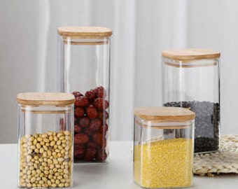 Seasoning Glass jar,Spices glass jar, Rectangular Cube,Canister Home storage jar,Airtight Bamboo Lids,Tea Can Coffee,Sugar Candy Nuts Spices