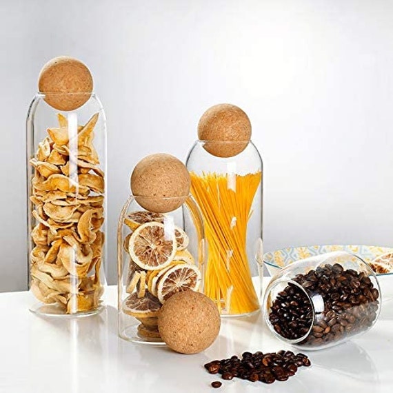 Glass Mini Storage Jars with Bamboo Lids and Display Stand - for Coffee, Sugar, Candy etc.