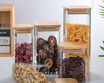 Glass Seasoning jar with Airtight Bamboo Lid,Spices glass jar, Rectangular Cube,Canister Set ,Tea Can,Coffee Jar, Sugar, Candy ,Nuts ,Spices