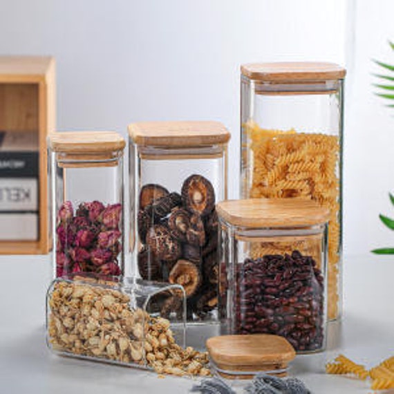 Glass Jars with Bamboo Lids,Glass Containers with Airtight Bamboo Lid and  Spoons,Sealed Glass Spice Jars for Candy Coffee Beans Sugar Nuts Cookies 