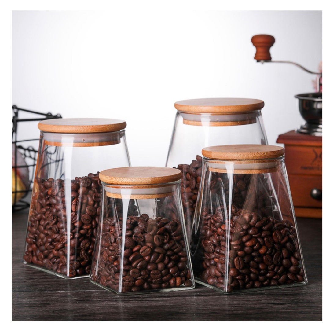 32oz Glass Coffee Beans Jars Decorative Canister with Vintage Wooden Airtight Lid Glass Storage Containers for Tea Spiced Nuts Sugar Candy, Size