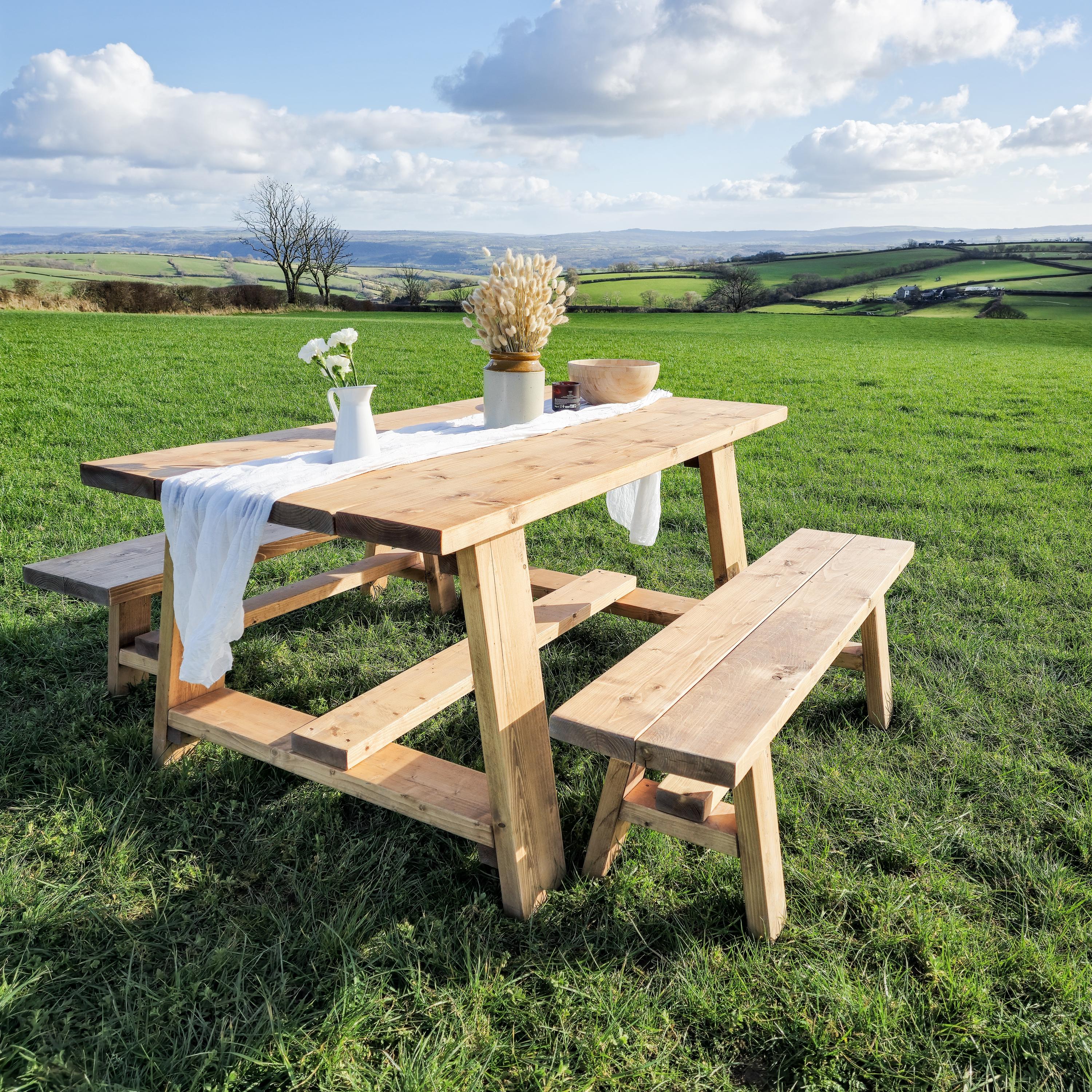 Handmade Rustic Solid Wood Outdoor Dining Table With Benches - Etsy UK