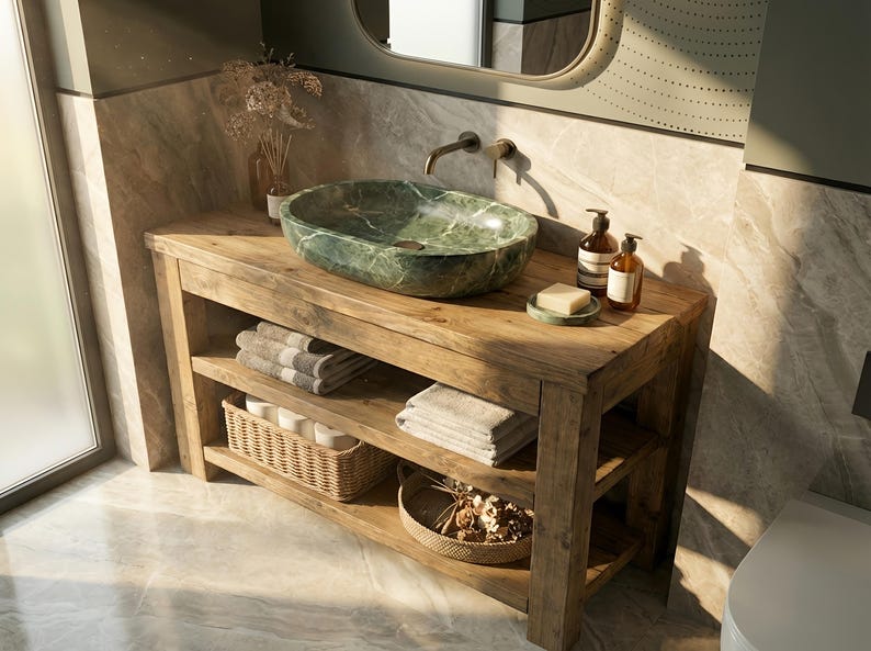 K&ouml;nnte beinhalten: Ein rustikaler Badezimmerschrank aus Holz mit einem ovalen Aufsatzwaschbecken aus gr&uuml;nem Marmor und einem bronzefarbenen Wasserhahn. Das M&ouml;belst&uuml;ck hat zwei offene Regale mit gefalteten grauen Handt&uuml;chern, einem Weidenkorb und einem runden Tablett.