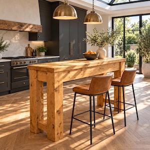 May include: A rectangular kitchen island table crafted from light-toned natural wood with a thick, sturdy frame, accompanied by two bar stools featuring tan leather-look seats and slim black metal legs, positioned in a bright, open-plan kitchen.
