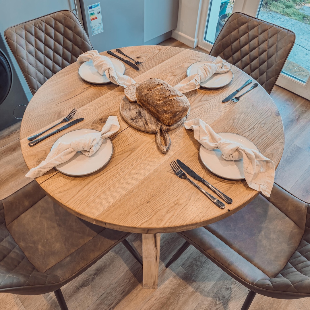 Solid Oak Round Dining Table With Oak Timber Legs and PU Leather Brown ...