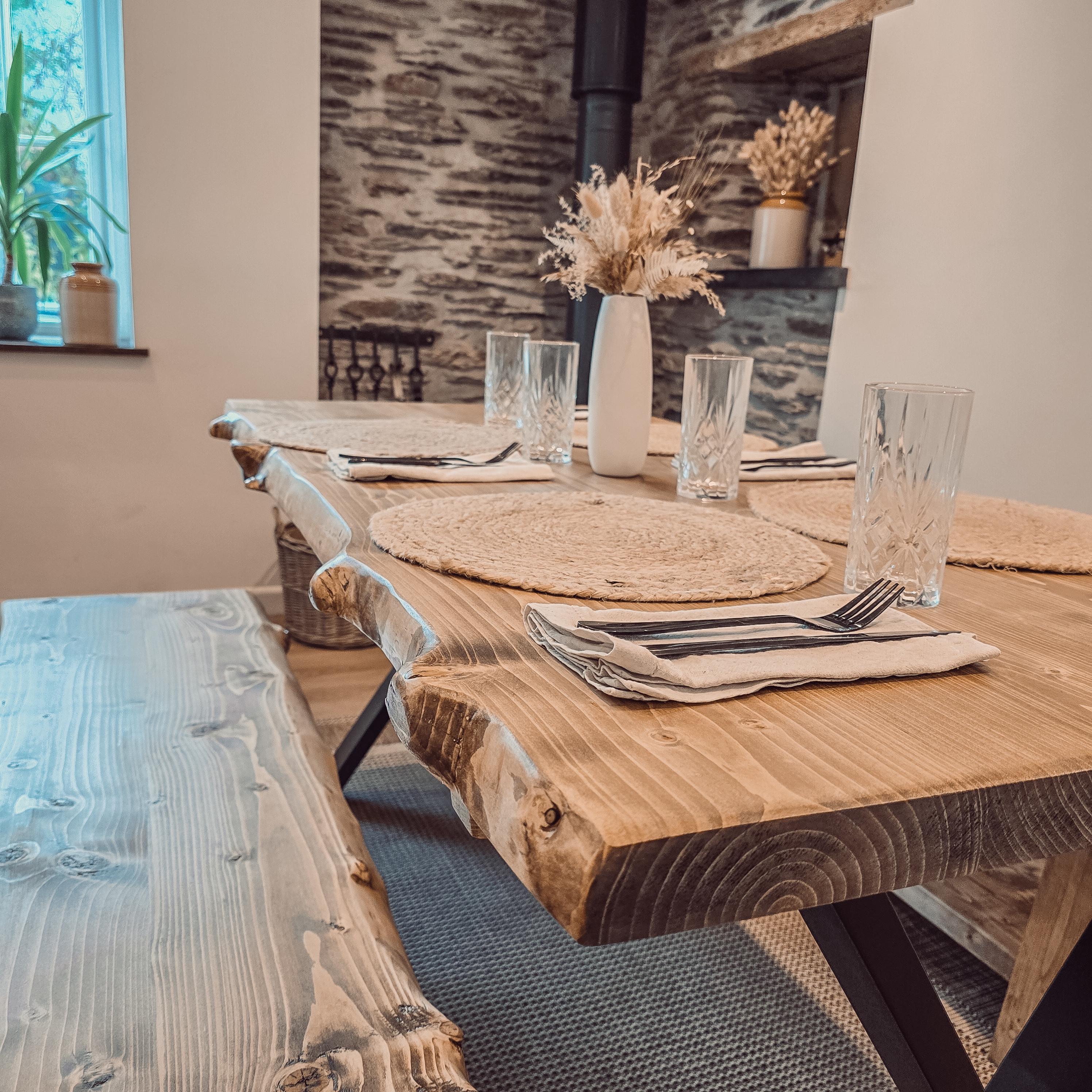 Waney / Live Edge Chunky Dining Table With X Cross Metal