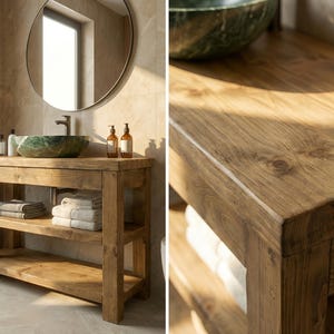 K&ouml;nnte beinhalten: Ein rechteckiger Badezimmerschrank aus Holz mit nat&uuml;rlicher Maserung, zwei offenen Ablagef&auml;chern und einem Aufsatzwaschbecken aus gr&uuml;nem Marmor. Der Schrank ist mit einer Metallarmatur sowie zwei bernsteinfarbenen Glasflaschen ausgestattet.