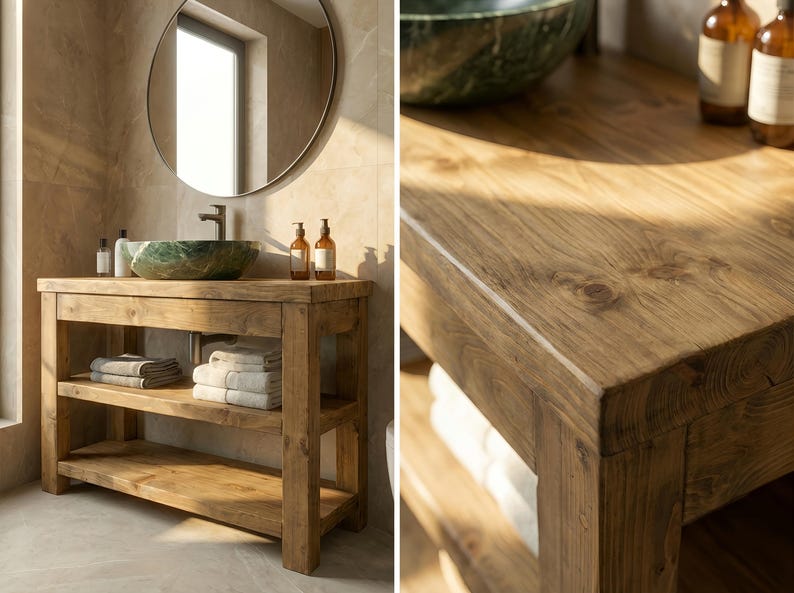 K&ouml;nnte beinhalten: Ein rechteckiger Badezimmerschrank aus Holz mit nat&uuml;rlicher Maserung, zwei offenen Ablagef&auml;chern und einem Aufsatzwaschbecken aus gr&uuml;nem Marmor. Der Schrank ist mit einer Metallarmatur sowie zwei bernsteinfarbenen Glasflaschen ausgestattet.