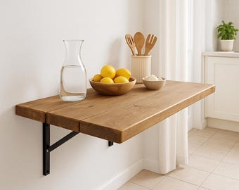 Foldable Wall-Mounted Solid Wood Table – Rustic Wood with Heavy-Duty Black Brackets – Space-Saving Desk for Kitchen, Office, or Small Spaces