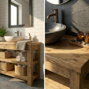K&ouml;nnte beinhalten: Ein rustikaler Badezimmerschrank aus Holz mit zwei offenen Regalen, einem hellen Steinwaschbecken und einer Metallarmatur. Der Schrank enth&auml;lt geflochtene K&ouml;rbe, gestapelte wei&szlig;e Handt&uuml;cher und ein Holztablett mit bernsteinfarbenen Gl&auml;sern und Steinen.