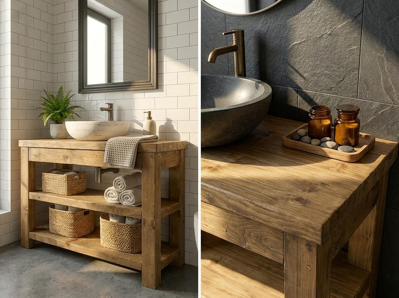 K&ouml;nnte beinhalten: Ein rustikaler Badezimmerschrank aus Holz mit zwei offenen Regalen, einem hellen Steinwaschbecken und einer Metallarmatur. Der Schrank enth&auml;lt geflochtene K&ouml;rbe, gestapelte wei&szlig;e Handt&uuml;cher und ein Holztablett mit bernsteinfarbenen Gl&auml;sern und Steinen.
