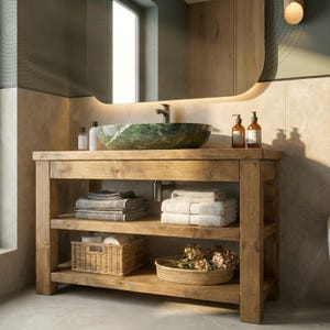 K&ouml;nnte beinhalten: Ein rustikaler Badezimmerschrank aus Holz mit einem gr&uuml;nen Marmor-Aufsatzwaschbecken, einer dunklen Metallarmatur und zwei offenen Regalen. Die Regale enthalten Stapel gefalteter grauer und wei&szlig;er Handt&uuml;cher, einen Weidenkorb und ein rundes Tablett.