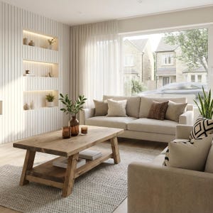 May include: A living room with a light-coloured sofa, cushions, and a wooden coffee table. The room has a neutral colour scheme, a patterned rug, and a large window overlooking a residential area.