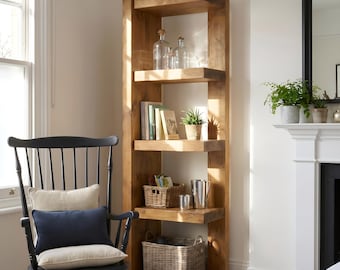 Ely Solid Wood Corner Bookshelf – Open Bookcase, Rustic Scandinavian Design