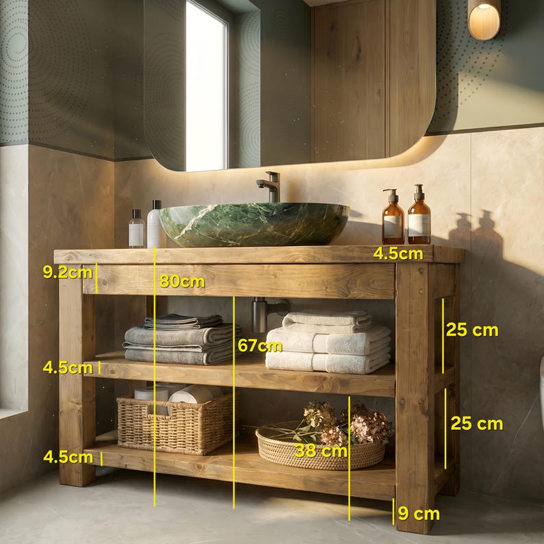 K&ouml;nnte beinhalten: Ein Badezimmerschrank aus Holz mit einem gr&uuml;nen Marmor-Waschbecken. Der Schrank verf&uuml;gt &uuml;ber zwei offene Regale, eine Schublade und Ma&szlig;e in Zentimetern: 80cm Breite, 67cm H&ouml;he, 4,5cm St&auml;rke, 25cm Regalabstand, 38cm Korbbreite und 9cm Beinbreite.