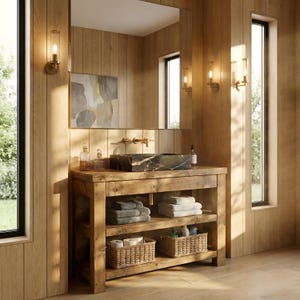 K&ouml;nnte beinhalten: Ein Badezimmerschrank aus Holz mit einem rechteckigen schwarzen Marmorwaschbecken und goldenen Armaturen, zwei offenen Regalen mit gefalteten wei&szlig;en Handt&uuml;chern und zwei geflochtenen Weidenk&ouml;rben sowie einem gro&szlig;en Spiegel mit abstraktem Wandbild.
