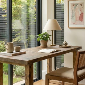 May include: A wooden desk with a brass lamp, a potted plant, and ceramic items. A notebook and decorative plate are on the desk. A framed artwork hangs on the wall, and a wooden chair is in the foreground. The desk is near a large window.