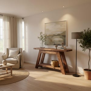 May include: A living room with a wooden console table and a framed landscape painting. A beige armchair, a round jute rug, and a floor lamp with a grey shade are also visible. The room has a neutral colour palette.