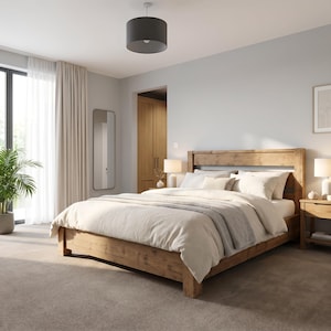 CHELSEA Bed Frame 30cm High / Chunky Solid Rustic Pine Bed with Headboard