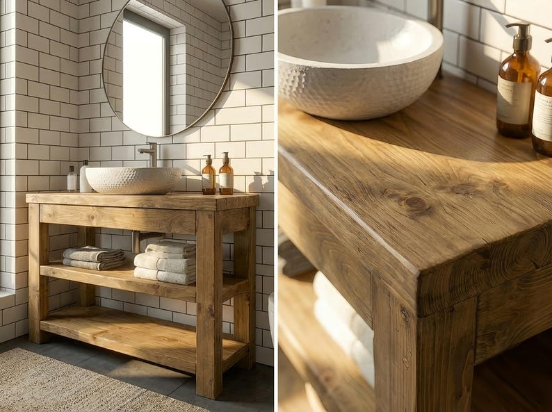 K&ouml;nnte beinhalten: Ein rustikaler Badezimmer-Waschtisch aus Holz mit nat&uuml;rlicher Maserung, zwei offenen Ablagef&auml;chern und einem wei&szlig;en Aufsatzwaschbecken mit geh&auml;mmertem Muster. Der Waschtisch ist mit einer silbernen Armatur und zwei bernsteinfarbenen Seifenspendern ausgestattet.