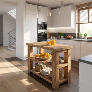 May include: A rectangular wooden kitchen island with a thick top and two lower shelves. The top holds a glass pitcher of orange juice and two glasses. The middle shelf features a bowl of oranges, while the bottom shelf contains woven baskets and folded linens.