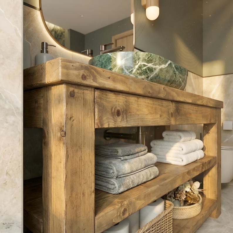 K&ouml;nnte beinhalten: Ein Badezimmerschrank aus hellbraunem Holz mit sichtbarer Maserung und einem gr&uuml;nen Marmor-Aufsatzwaschbecken. Das M&ouml;belst&uuml;ck verf&uuml;gt &uuml;ber ein offenes unteres Regal mit Stapeln gefalteter grauer und wei&szlig;er Handt&uuml;cher sowie einem Korb.