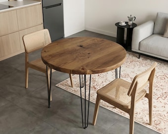 TIVIA Solid Wood Round Dining Table With Metal Legs