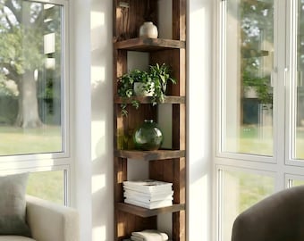 Valora Solid Wood Corner Bookshelf in Walnut Colour – Modern Farmhouse Bohemian Style
