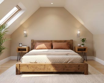 Ashbourne Bed Frame 30cm High / Chunky Solid Rustic Pine Bed with Headboard