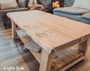 Cara Live Edge Rustic Wooden Coffee Table With Shelf