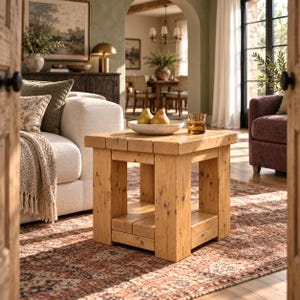 May include: A square side table constructed from light-toned, natural wood planks. The table features a thick, sturdy top surface supported by four substantial, block-style legs and includes a lower shelf for storage, showcasing visible wood grain.