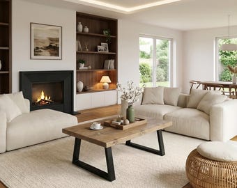 FENNA Rustic Coffee Table With Metal Trapezium Legs