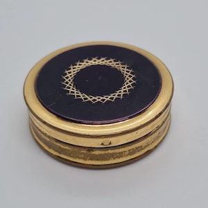Vintage Metal Gold Tone and Black Margaret Rose Compact Trinket Ring Pill Box 4cm