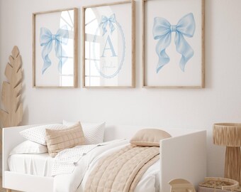 Blue Bow Prints, Personalised Bow Prints, Girls Wall Art, Girls Room Decor, Set of 3, Girls Nursery, Blue Bow Nursery, Bow Decor