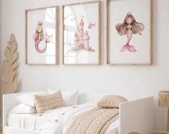 Mermaid Prints,  Girls Wall Art, Girls Room Decor, Set of 3, Pink Mermaid Decor, Mermaid Castle