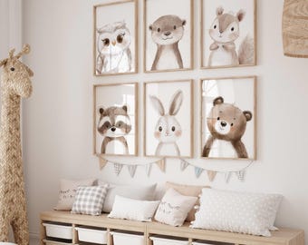 Neutral Woodland Animal Nursery Prints, Rabbit, Squirrel, Owl Wall Art, Nursery Decor, Woodland Decor