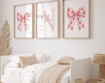 Strawberry Bow Prints, Personalised Bow Prints, Girls Wall Art, Girls Room Decor, Set of 3, Girls Nursery, Pink Bow Nursery