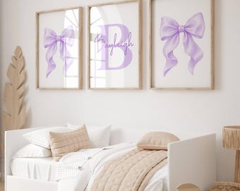 Lilac Purple Bow Prints, Personalised Bow Prints, Girls Wall Art, Girls Room Decor, Set of 3, Girls Nursery, Lilac Bow Nursery