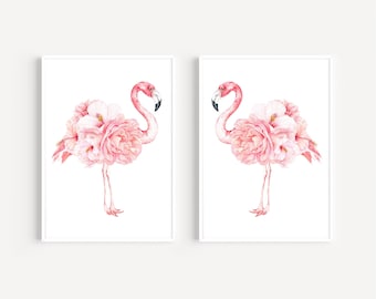 Floral Flamingo Prints, Set of 2, Room Prints, Home Decor, Nursery Prints, Girls Bedroom Decor, Girls Bedroom Prints, Wall Decor