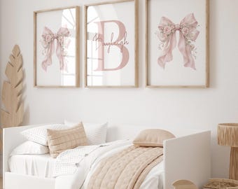 Pink Bow Prints, Personalised Bow Prints, Girls Wall Art, Girls Room Decor, Set of 3, Girls Nursery, Pink Bow Nursery, Floral Bows