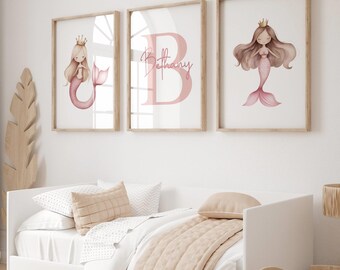 Mermaid Prints, Personalised Prints, Girls Wall Art, Girls Room Decor, Set of 3, Pink Mermaid Decor