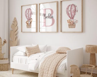 Pink Hot Air Balloon Safari Nursery Prints, Set of 3, Girl's Nursery Decor, Personalised