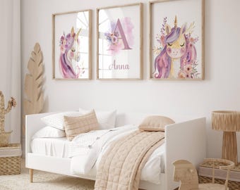 Set of 3, Girl's Unicorn & Rainbow Prints, Unicorn Wall Art, Unicorn Decor, Personalised Decor